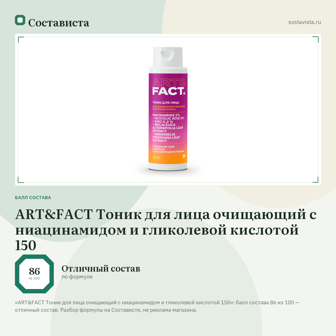 ART&FACT Тоник для лица очищающий с ниацинамидом и гликолевой кислотой 150: балл состава 86 из 100 — Состависта