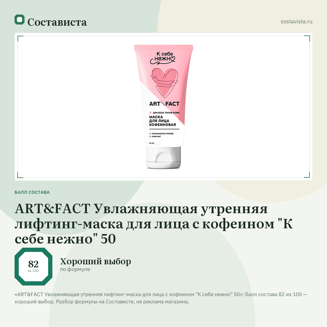 ART&FACT Увлажняющая утренняя лифтинг-маска для лица с кофеином "К себе нежно" 50: балл состава 82 из 100 — Состависта