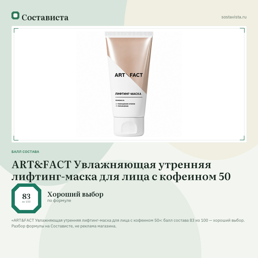 ART&FACT Увлажняющая утренняя лифтинг-маска для лица с кофеином 50: балл состава 83 из 100 — Состависта