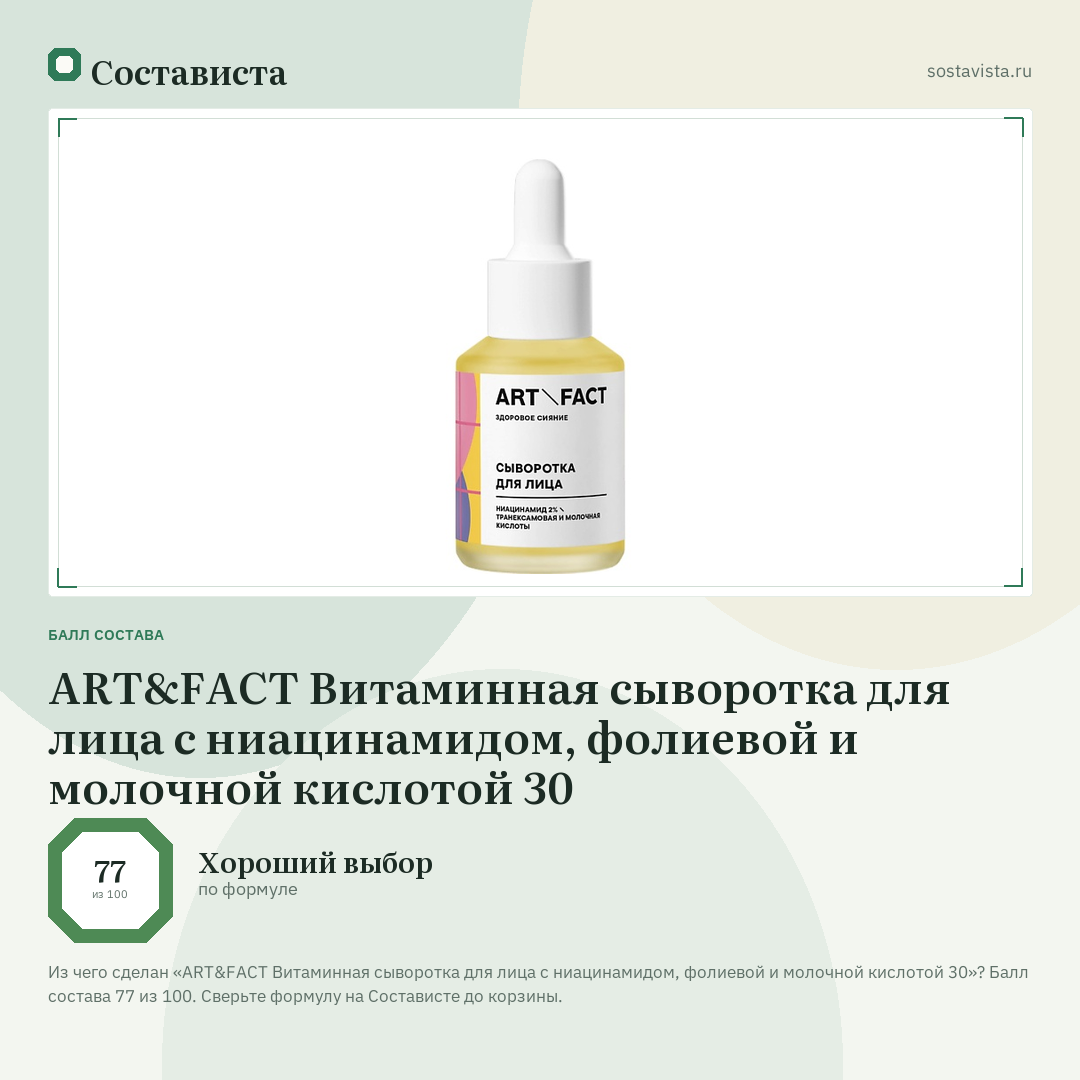 ART&FACT Витаминная сыворотка для лица с ниацинамидом, фолиевой и молочной кислотой 30: балл состава 77 из 100 — Состависта