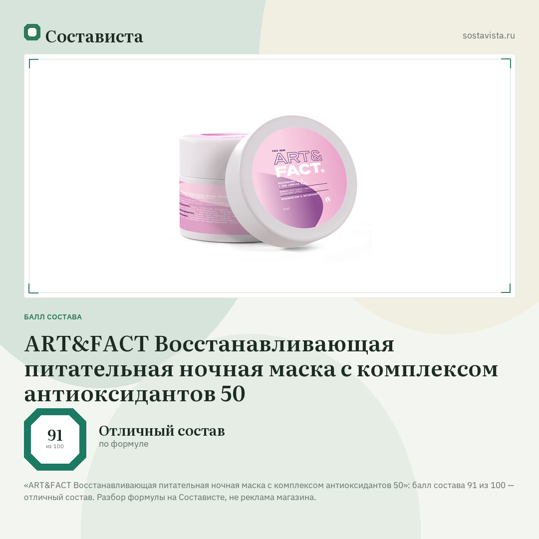 ART&FACT Восстанавливающая питательная ночная маска с комплексом антиоксидантов 50: балл состава 91 из 100 — Состависта