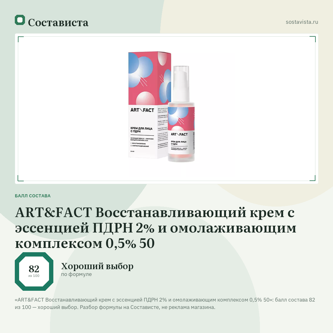 ART&FACT Восстанавливающий крем с эссенцией ПДРН 2% и омолаживающим комплексом 0,5% 50: балл состава 82 из 100 — Состависта