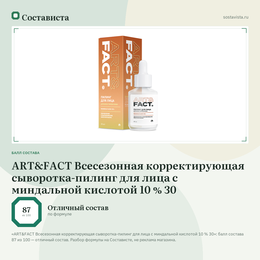 ART&FACT Всесезонная корректирующая сыворотка-пилинг для лица с миндальной кислотой 10 % 30: балл состава 87 из 100 — Состависта
