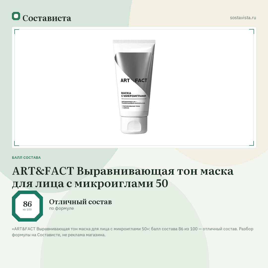 ART&FACT Выравнивающая тон маска для лица с микроиглами 50: балл состава 86 из 100 — Состависта