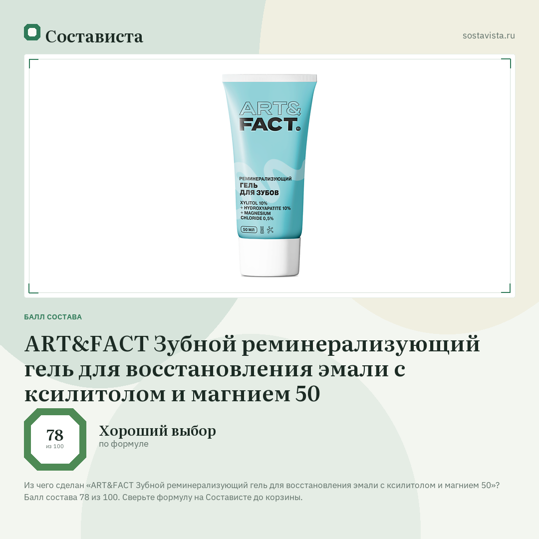 ART&FACT Зубной реминерализующий гель для восстановления эмали с ксилитолом и магнием 50: балл состава 78 из 100 — Состависта