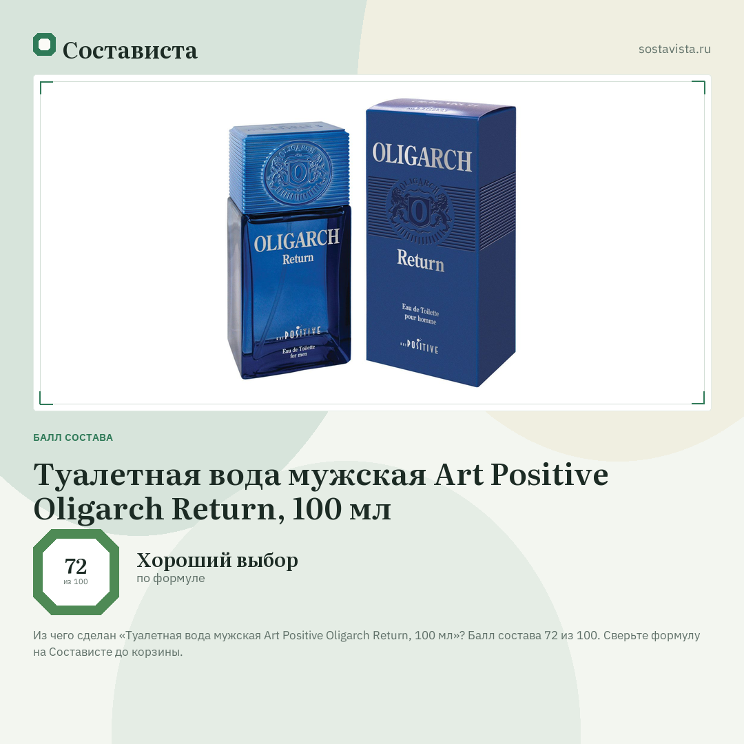 Туалетная вода мужская Art Positive Oligarch Return, 100 мл: балл состава 72 из 100 — Состависта