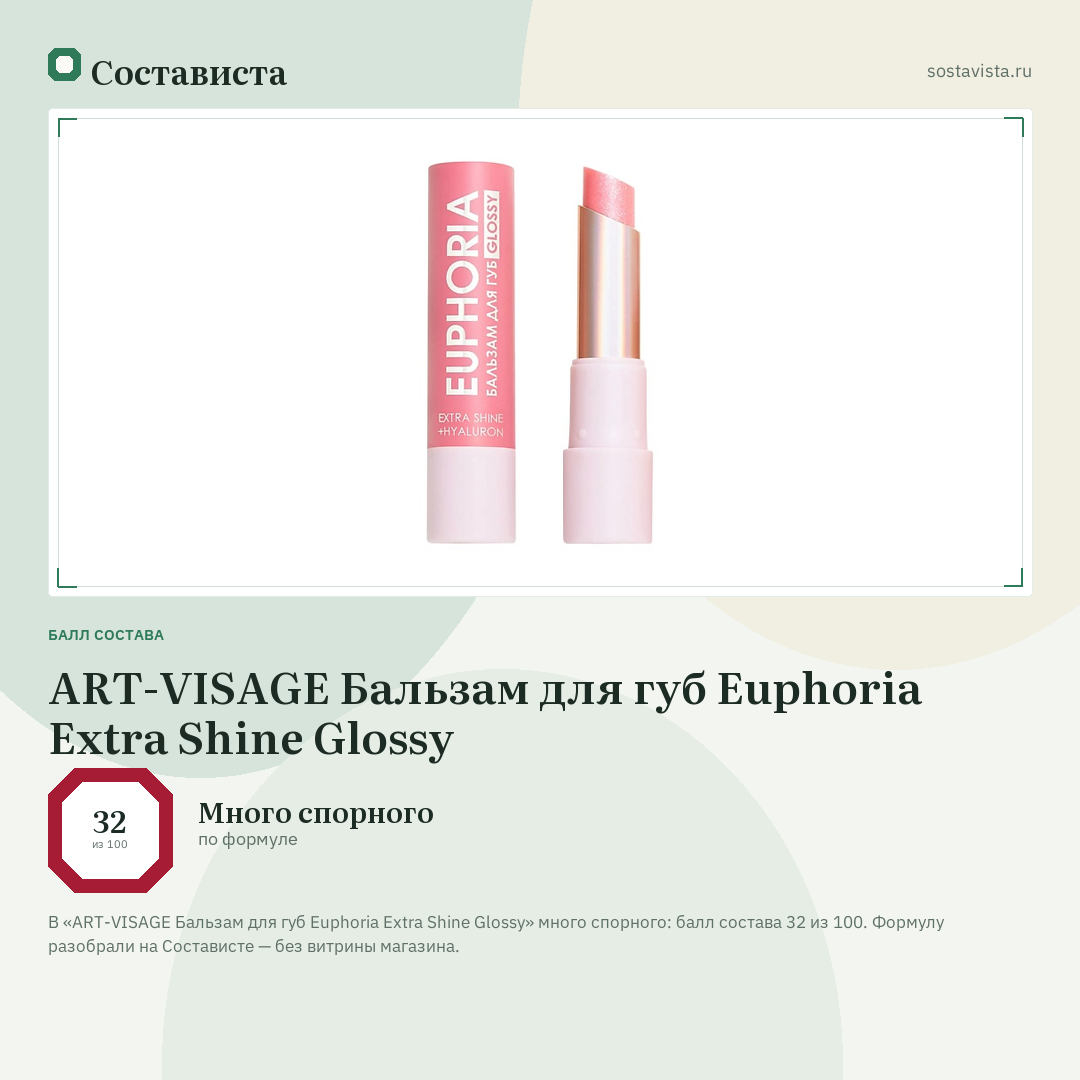 ART-VISAGE Бальзам для губ Euphoria Extra Shine Glossy: балл состава 32 из 100 — Состависта