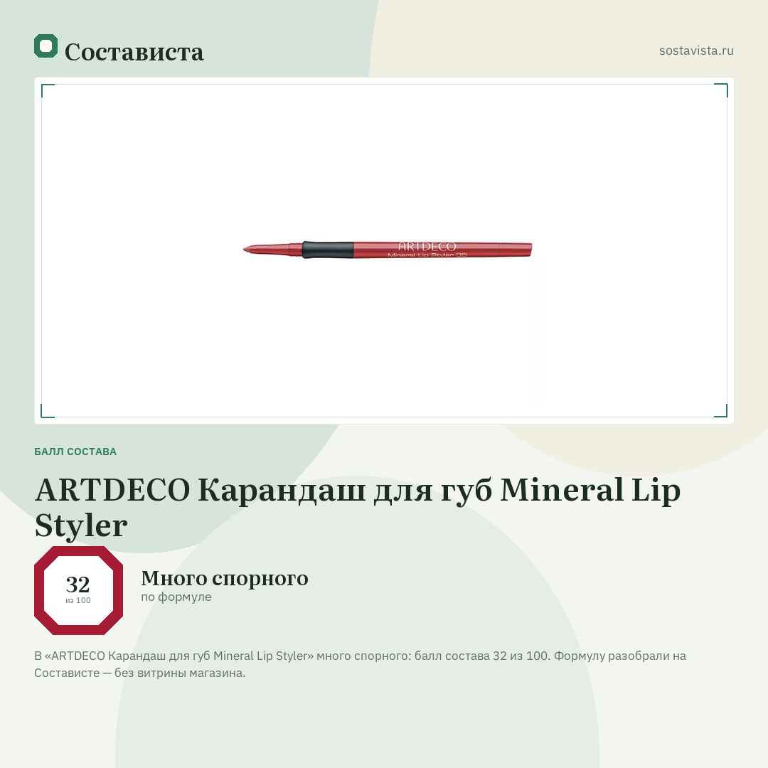 ARTDECO Карандаш для губ Mineral Lip Styler: балл состава 32 из 100 — Состависта