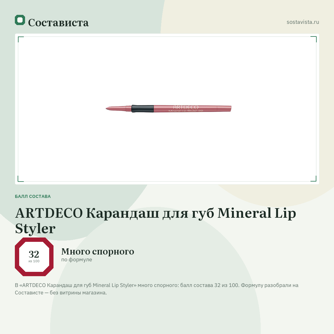 ARTDECO Карандаш для губ Mineral Lip Styler: балл состава 32 из 100 — Состависта