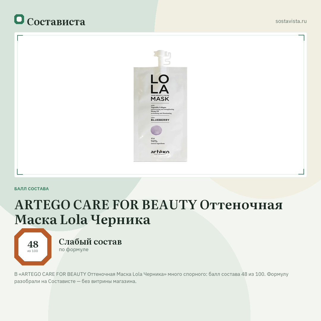 ARTEGO CARE FOR BEAUTY Оттеночная Маска Lola Черника: балл состава 48 из 100 — Состависта