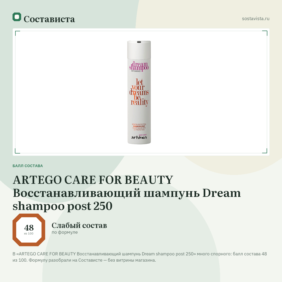 ARTEGO CARE FOR BEAUTY Восстанавливающий шампунь Dream shampoo post 250: балл состава 48 из 100 — Состависта