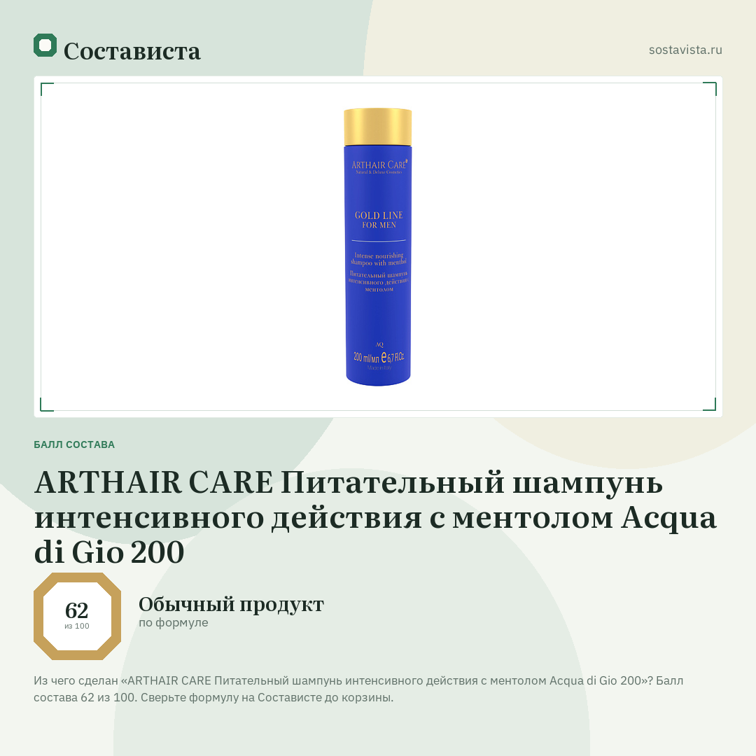 ARTHAIR CARE Питательный шампунь интенсивного действия с ментолом Acqua di Gio 200: балл состава 62 из 100 — Состависта