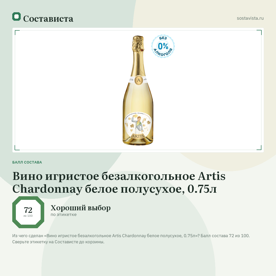 Вино игристое безалкогольное Artis Chardonnay белое полусухое, 0.75л: балл состава 72 из 100 — Состависта