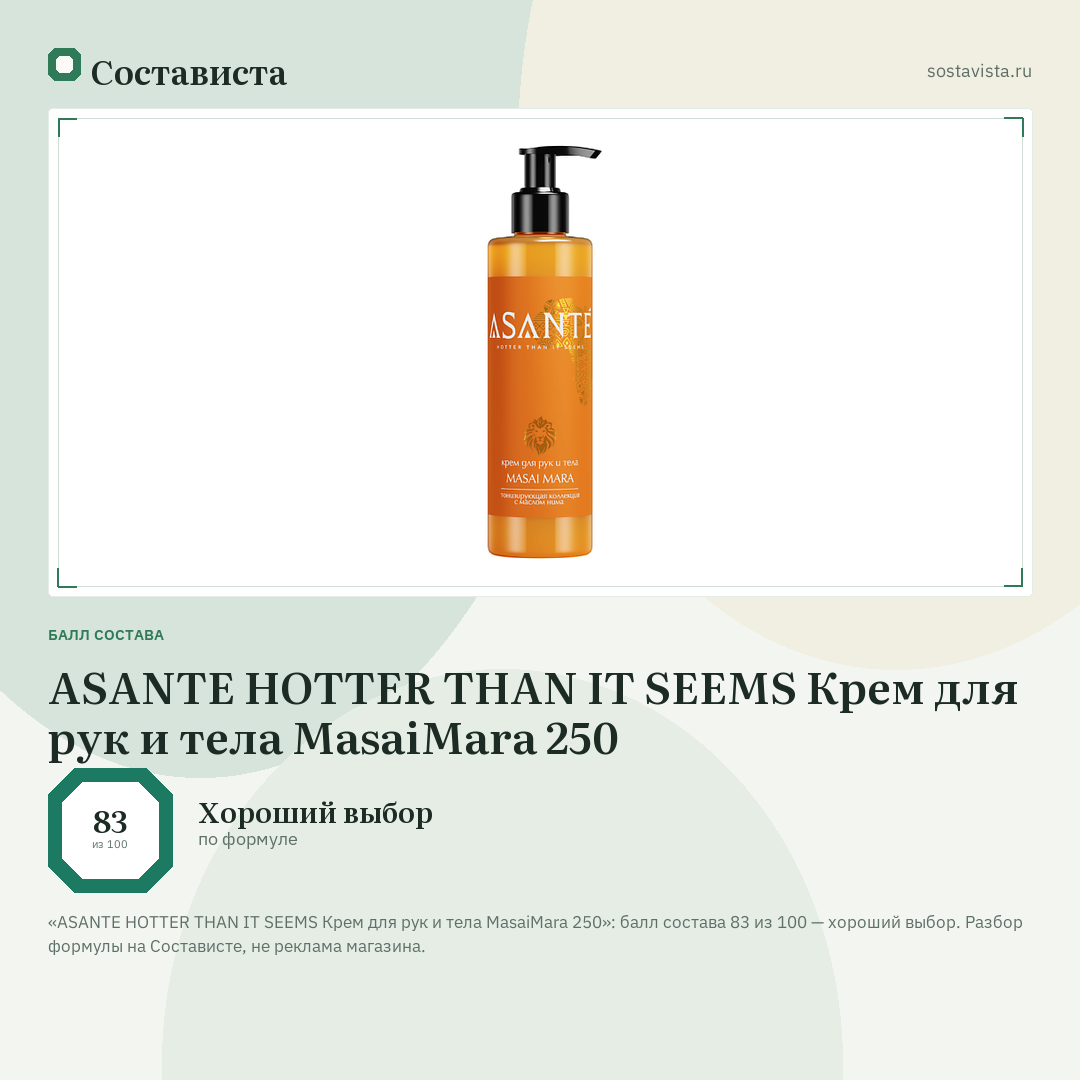 ASANTE HOTTER THAN IT SEEMS Крем для рук и тела MasaiMara 250: балл состава 83 из 100 — Состависта