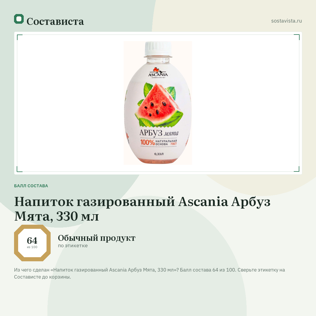 Напиток газированный Ascania Арбуз Мята, 330 мл: балл состава 64 из 100 — Состависта