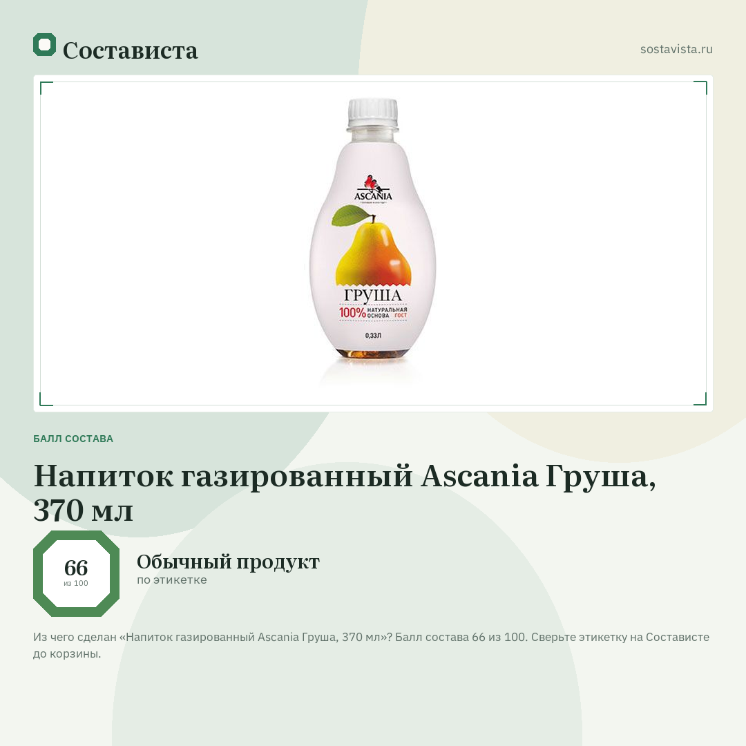 Напиток газированный Ascania Груша, 370 мл: балл состава 66 из 100 — Состависта