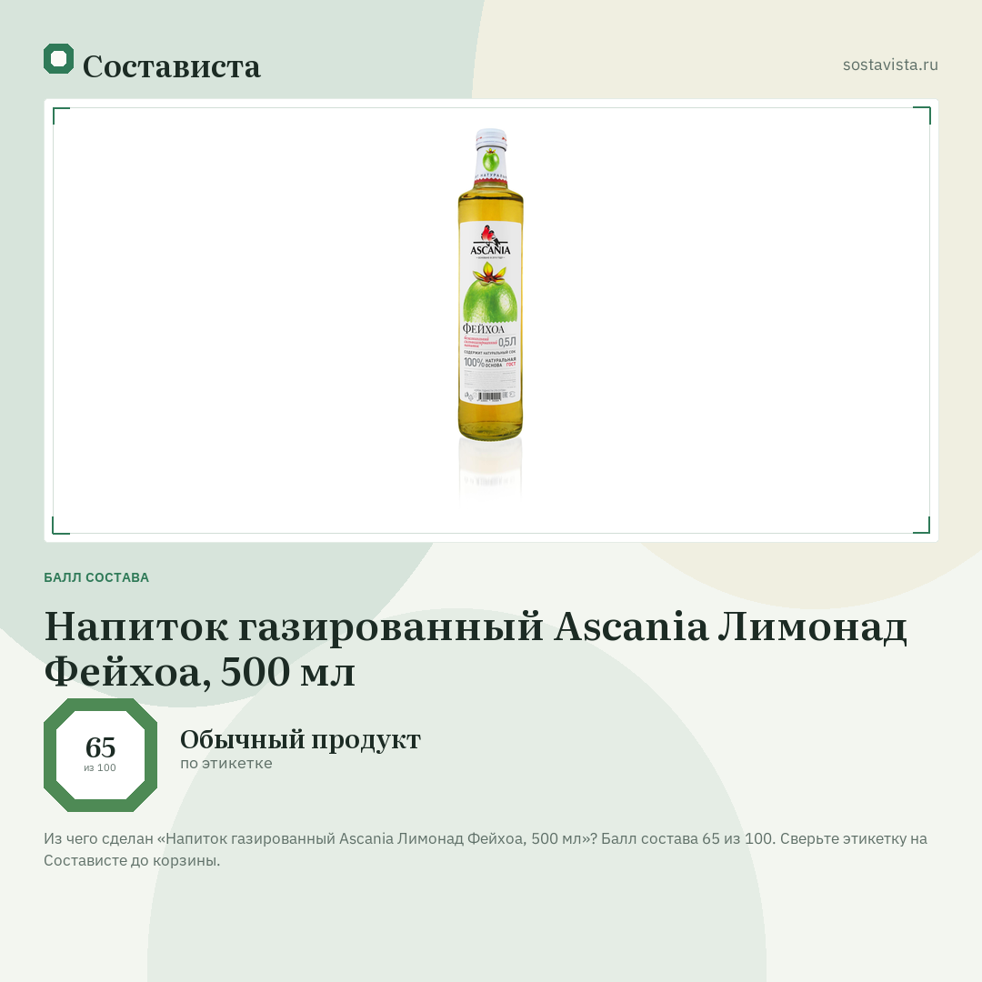 Напиток газированный Ascania Лимонад Фейхоа, 500 мл: балл состава 65 из 100 — Состависта