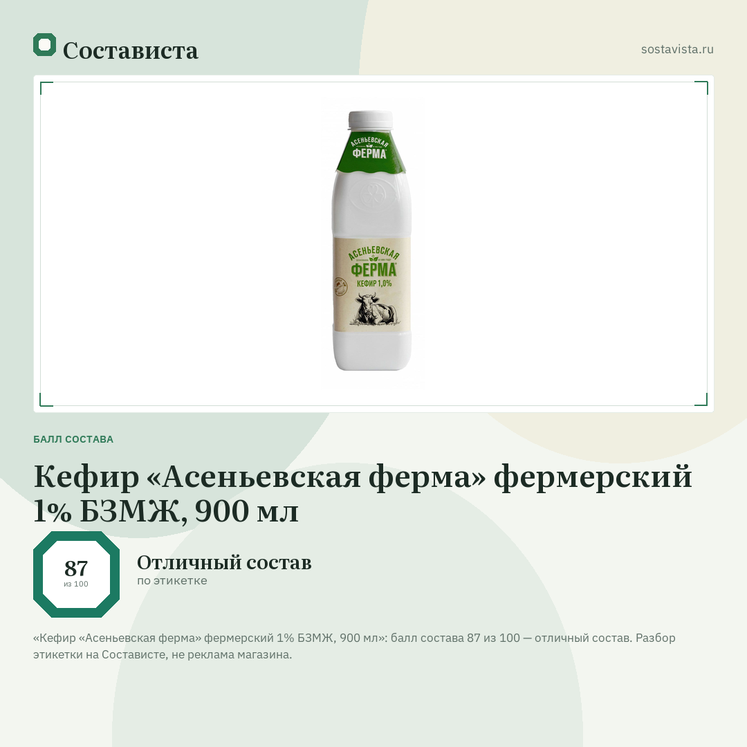 Кефир «Асеньевская ферма» фермерский 1% БЗМЖ, 900 мл: балл состава 87 из 100 — Состависта