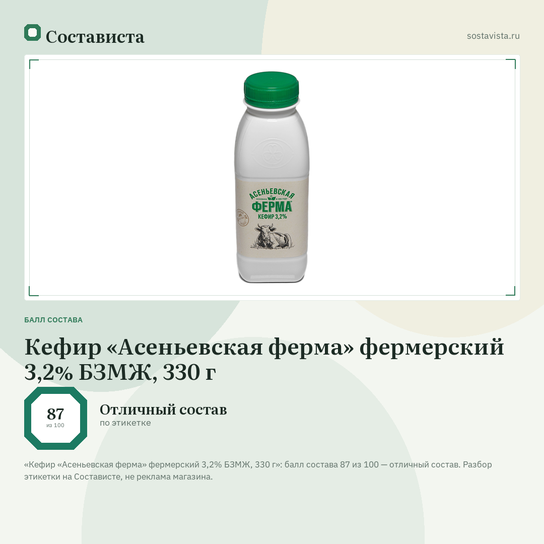 Кефир «Асеньевская ферма» фермерский 3,2% БЗМЖ, 330 г: балл состава 87 из 100 — Состависта
