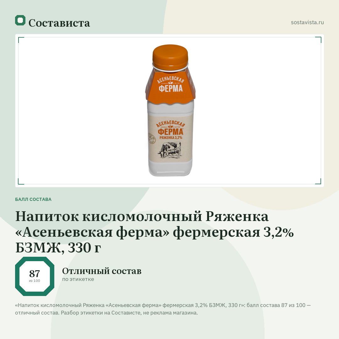 Напиток кисломолочный Ряженка «Асеньевская ферма» фермерская 3,2% БЗМЖ, 330 г: балл состава 87 из 100 — Состависта