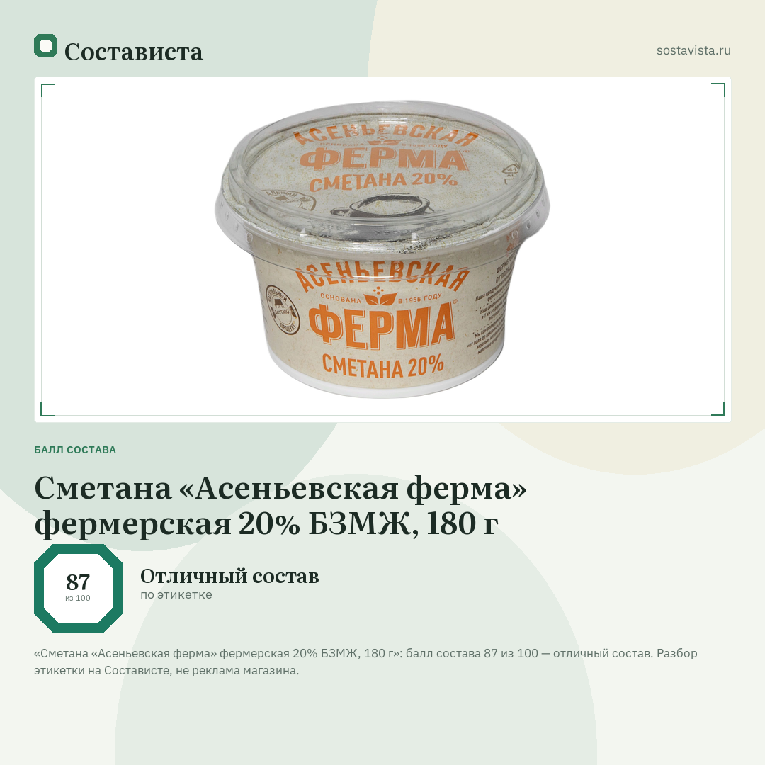 Сметана «Асеньевская ферма» фермерская 20% БЗМЖ, 180 г: балл состава 87 из 100 — Состависта