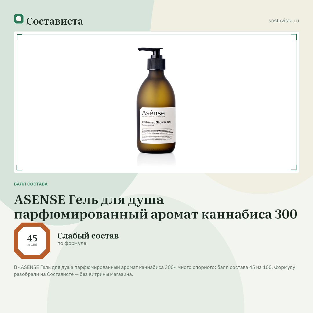 ASENSE Гель для душа парфюмированный аромат каннабиса 300: балл состава 45 из 100 — Состависта