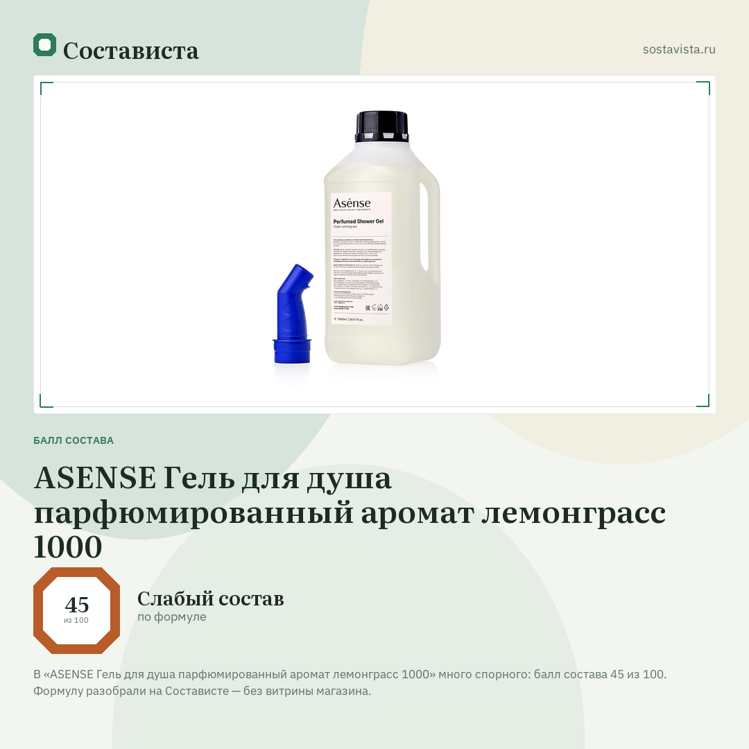 ASENSE Гель для душа парфюмированный аромат лемонграсс 1000: балл состава 45 из 100 — Состависта