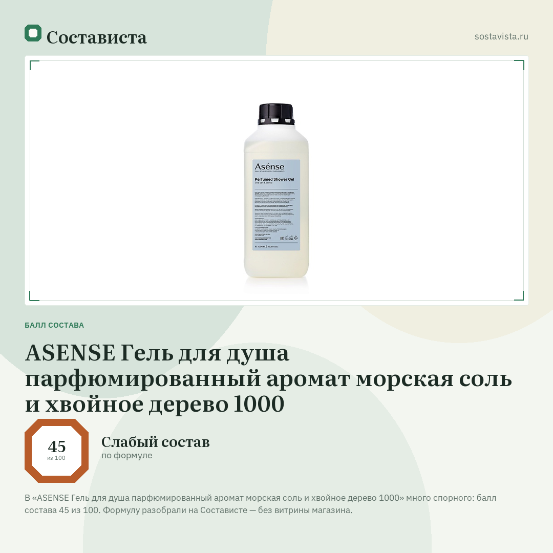 ASENSE Гель для душа парфюмированный аромат морская соль и хвойное дерево 1000: балл состава 45 из 100 — Состависта