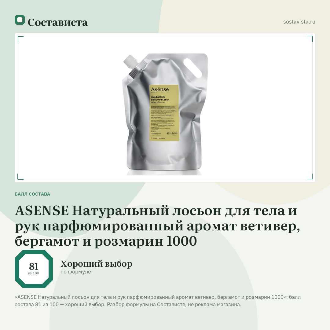 ASENSE Натуральный лосьон для тела и рук парфюмированный аромат ветивер, бергамот и розмарин 1000: балл состава 81 из 100 — Состависта