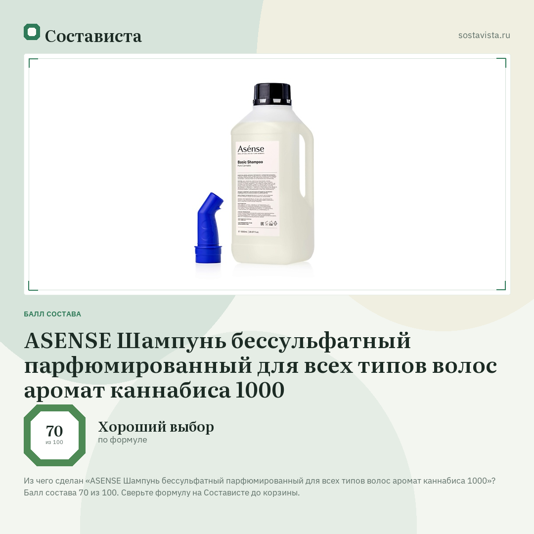 ASENSE Шампунь бессульфатный парфюмированный для всех типов волос аромат каннабиса 1000: балл состава 70 из 100 — Состависта