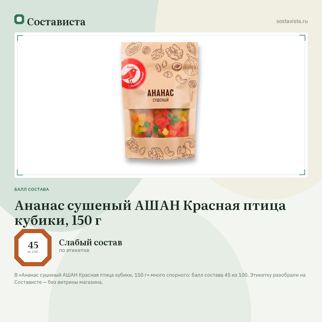 Ананас сушеный АШАН Красная птица кубики, 150 г: балл состава 45 из 100 — Состависта