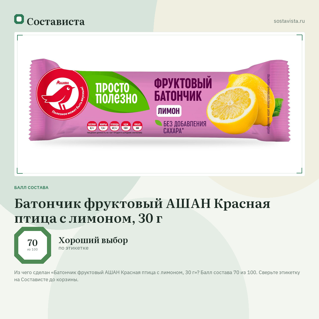 Батончик фруктовый АШАН Красная птица с лимоном, 30 г: балл состава 70 из 100 — Состависта