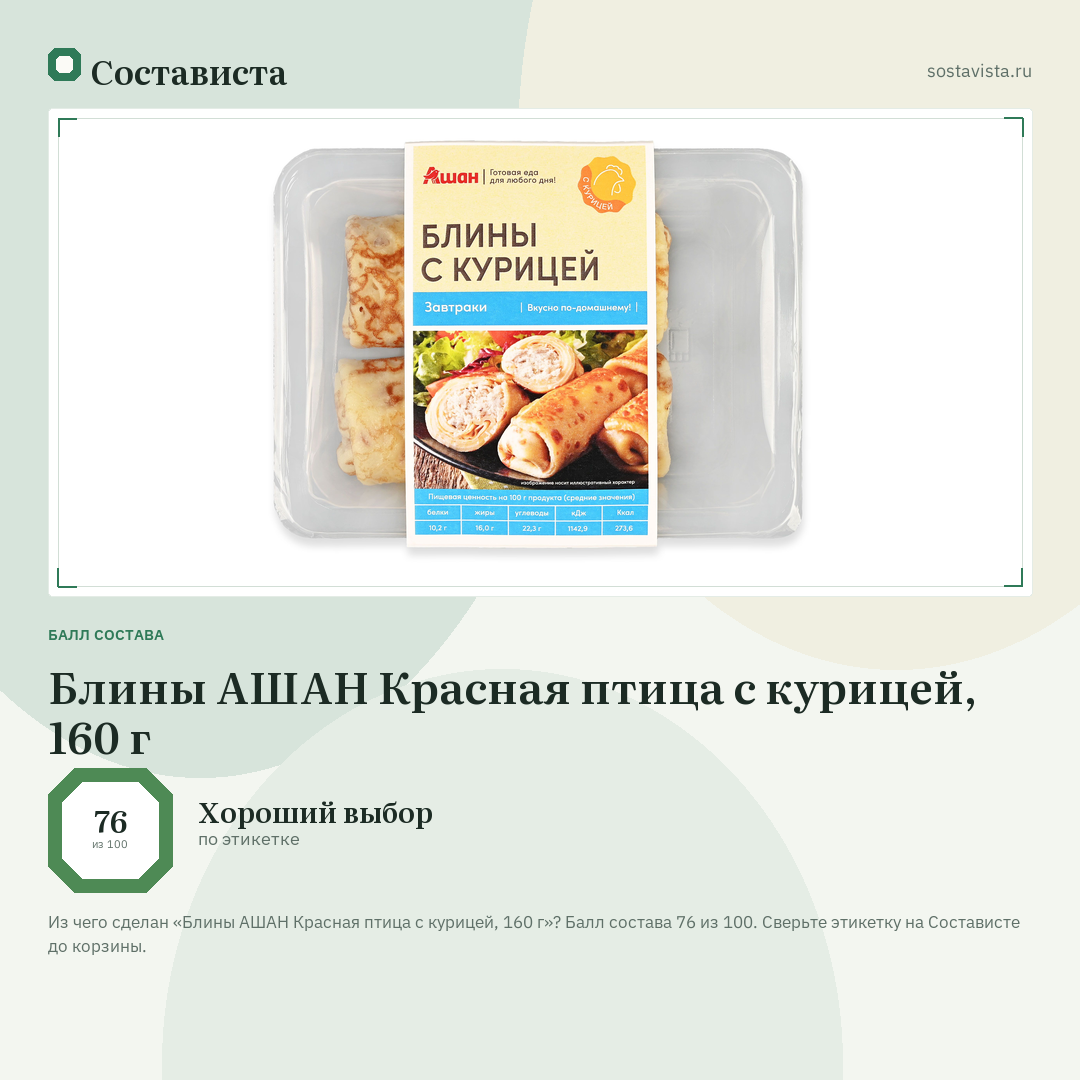 Блины АШАН Красная птица с курицей, 160 г: балл состава 76 из 100 — Состависта