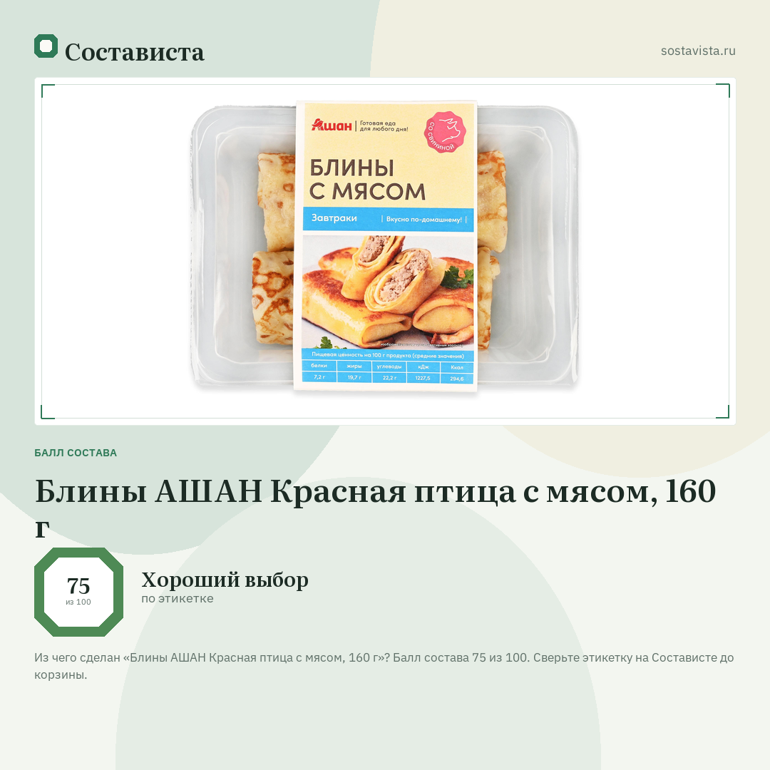 Блины АШАН Красная птица с мясом, 160 г: балл состава 75 из 100 — Состависта