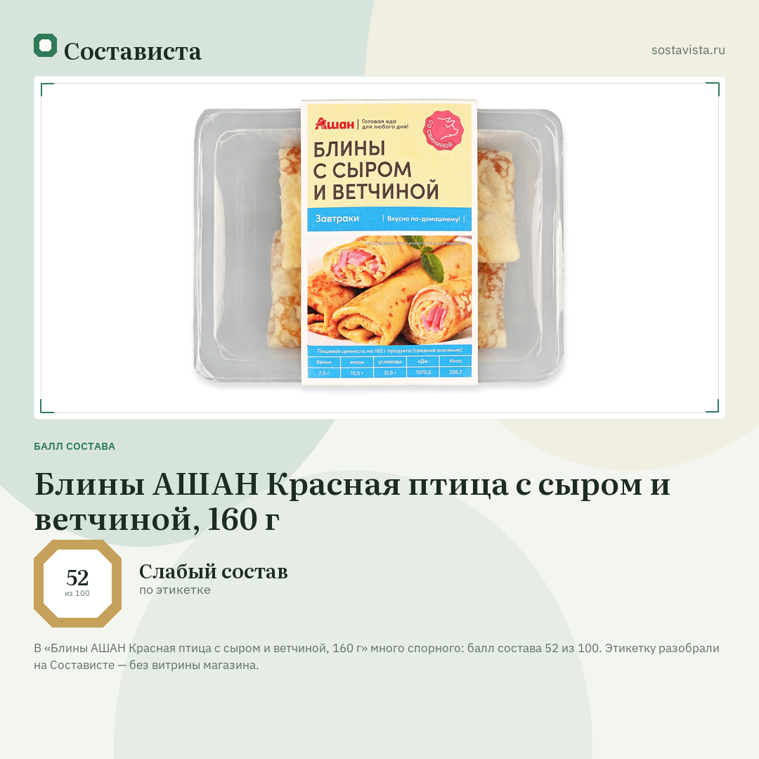 Блины АШАН Красная птица с сыром и ветчиной, 160 г: балл состава 52 из 100 — Состависта