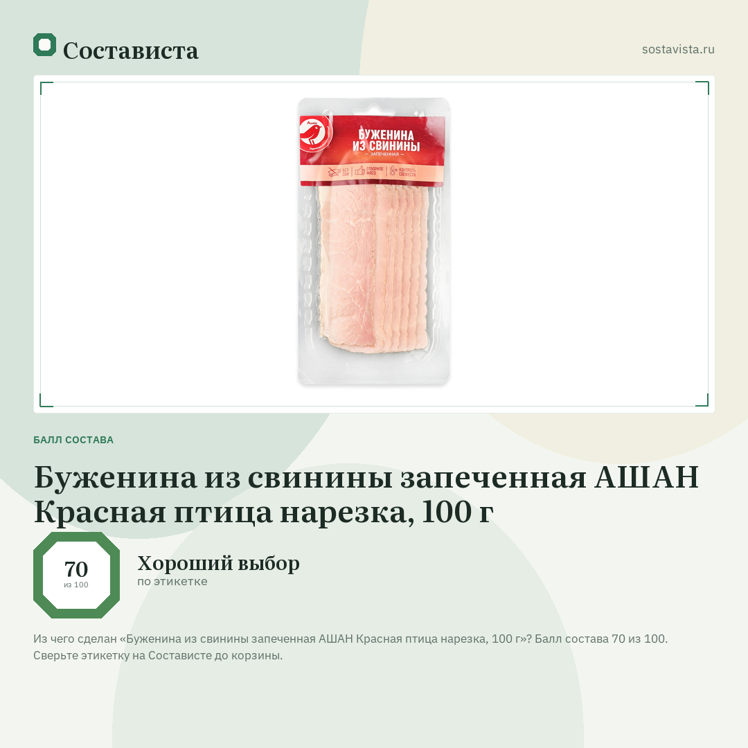 Буженина из свинины запеченная АШАН Красная птица нарезка, 100 г: балл состава 70 из 100 — Состависта