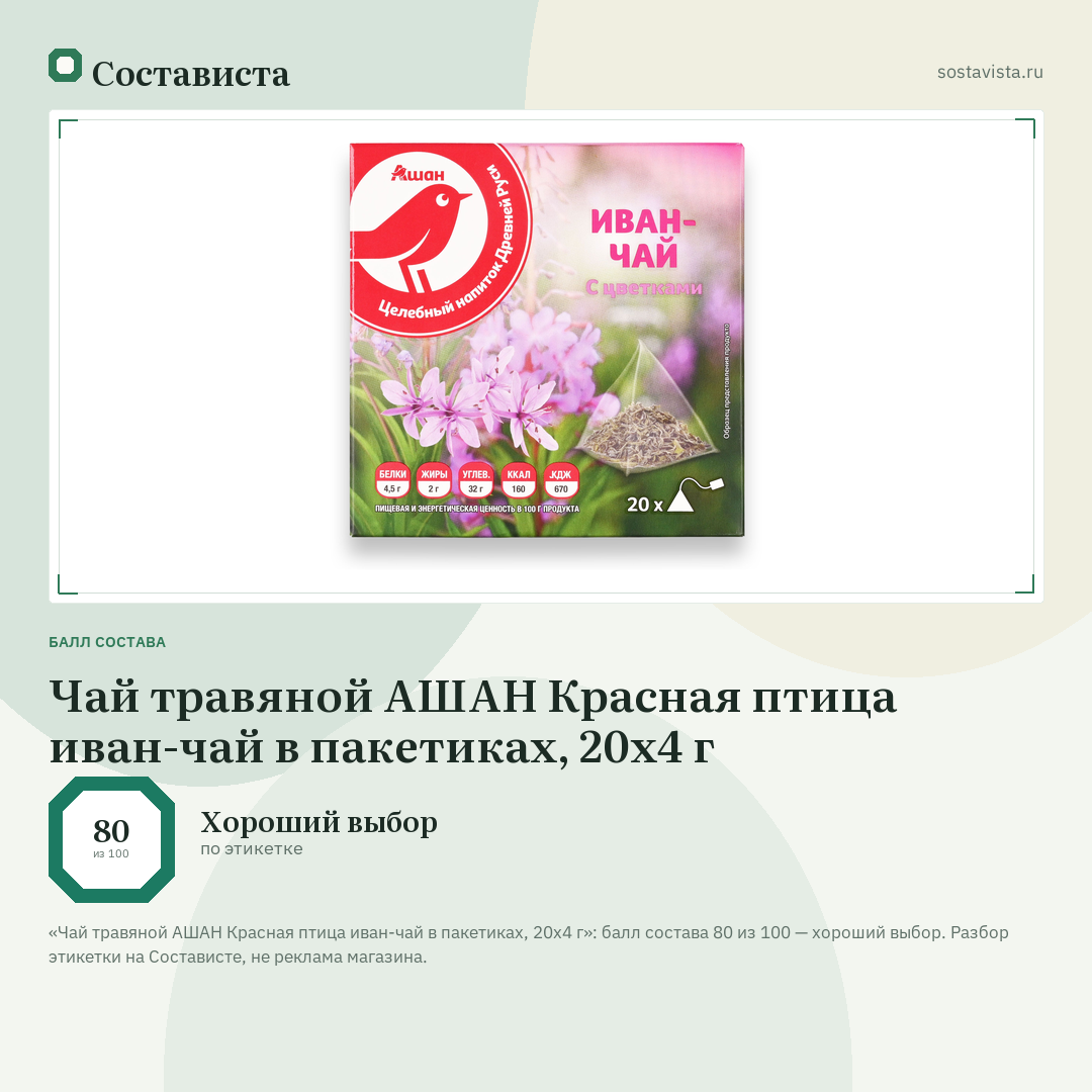 Чай травяной АШАН Красная птица иван-чай в пакетиках, 20х4 г: балл состава 80 из 100 — Состависта