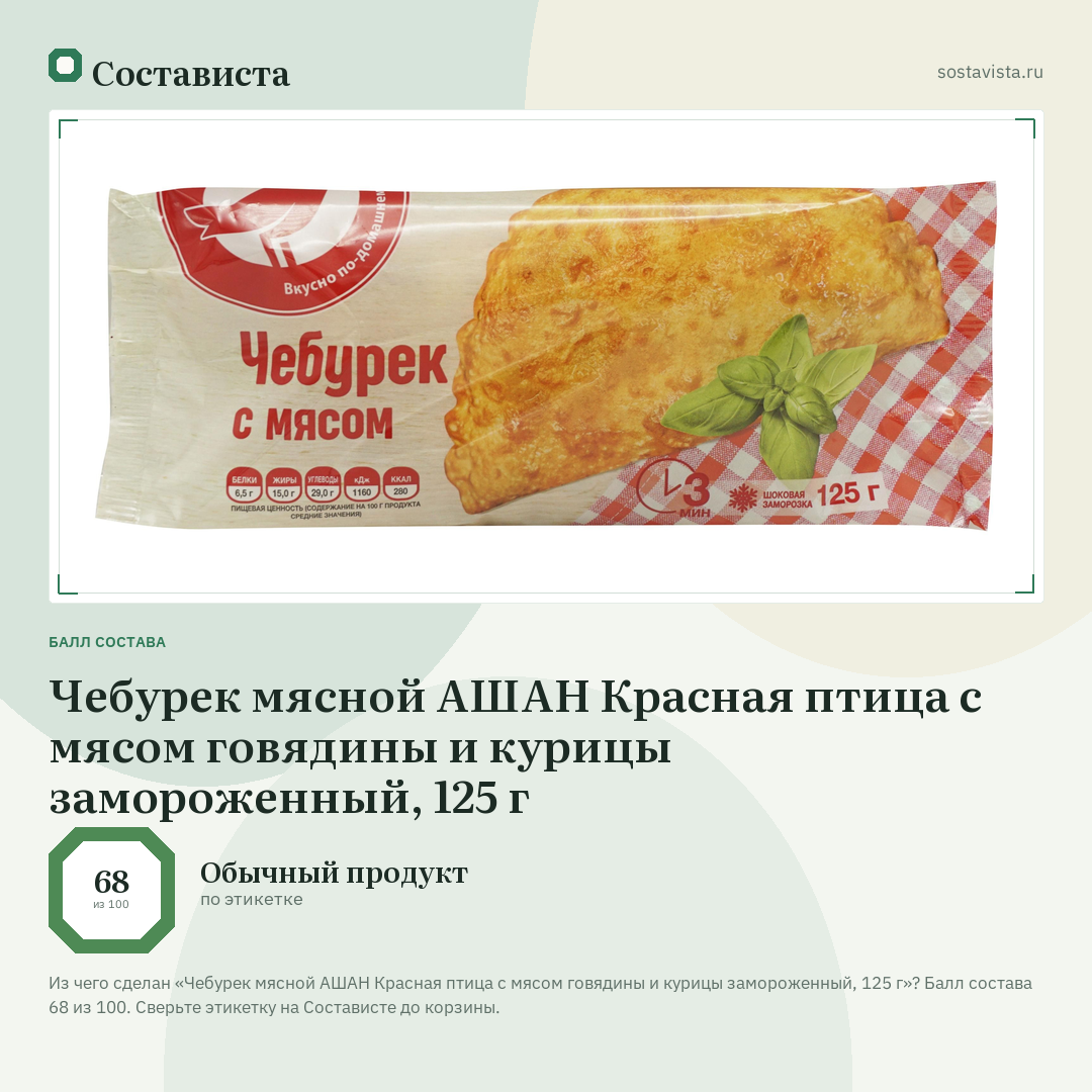 Чебурек мясной АШАН Красная птица с мясом говядины и курицы замороженный, 125 г: балл состава 68 из 100 — Состависта