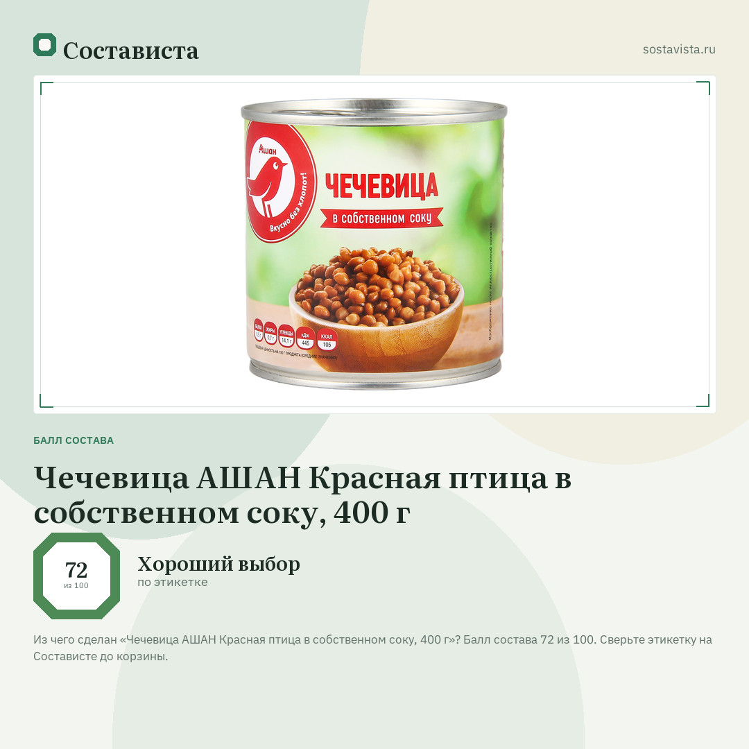 Чечевица АШАН Красная птица в собственном соку, 400 г: балл состава 72 из 100 — Состависта