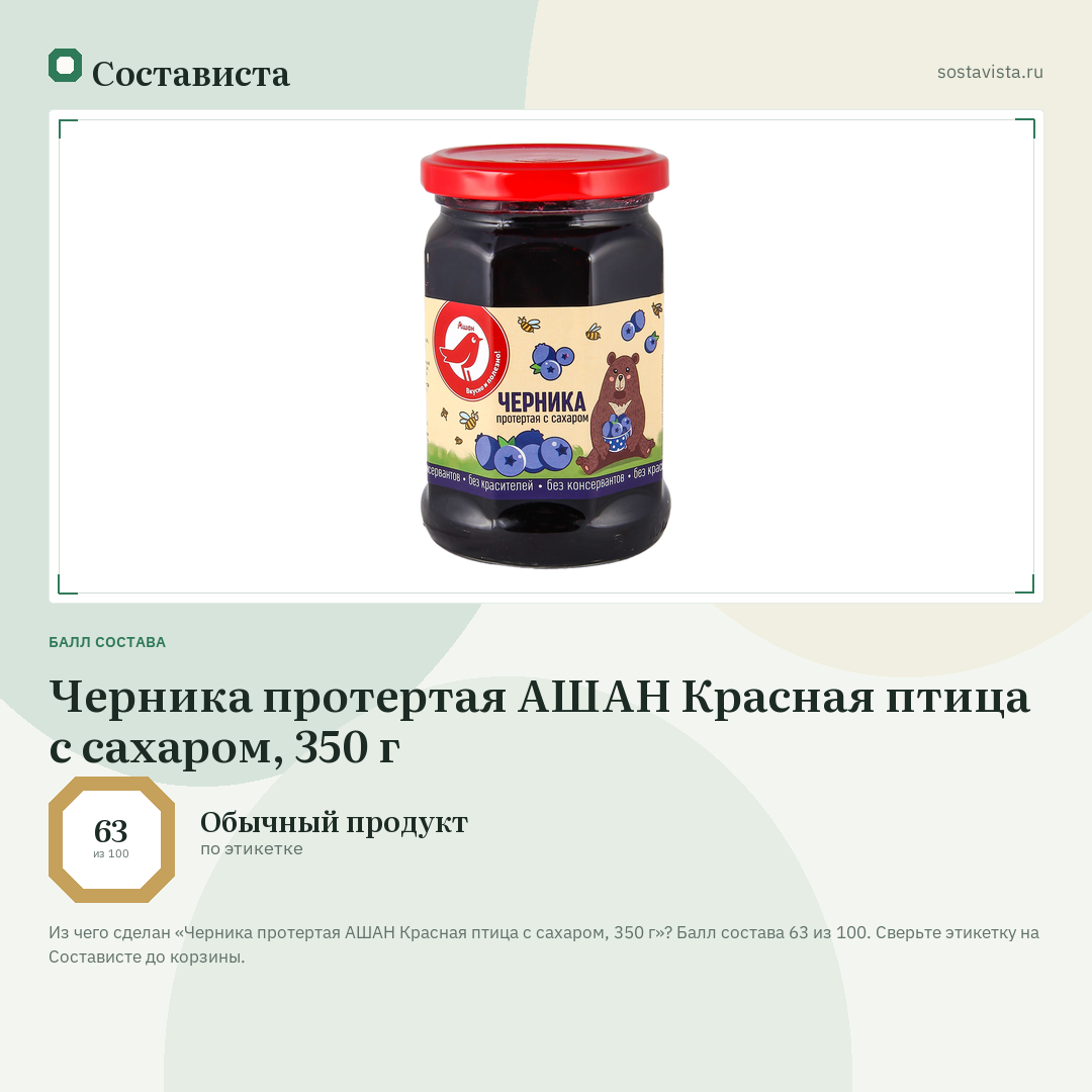 Черника протертая АШАН Красная птица с сахаром, 350 г: балл состава 63 из 100 — Состависта