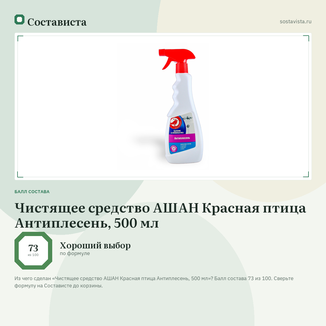 Чистящее средство АШАН Красная птица Антиплесень, 500 мл: балл состава 73 из 100 — Состависта