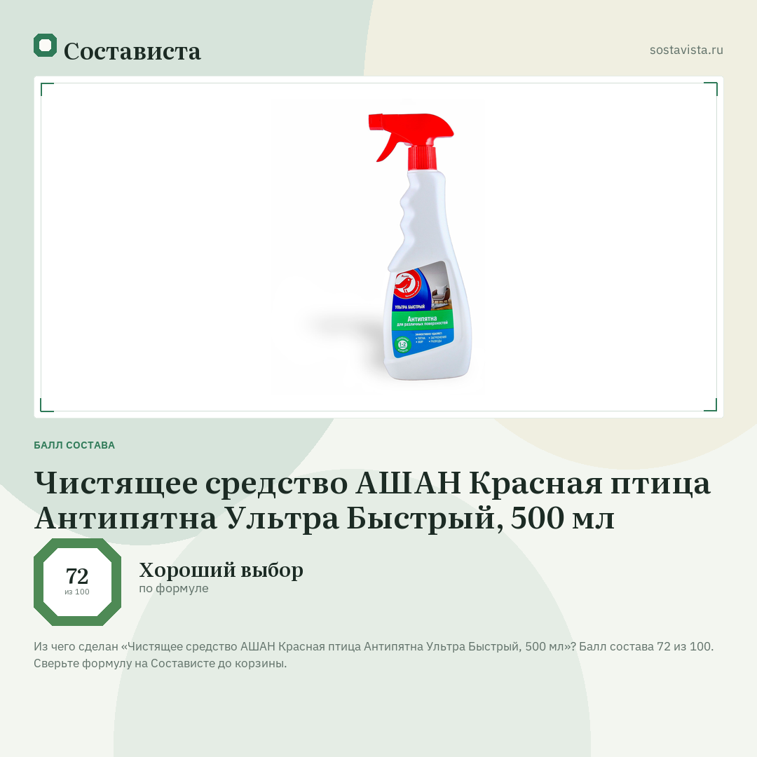Чистящее средство АШАН Красная птица Антипятна Ультра Быстрый, 500 мл: балл состава 72 из 100 — Состависта