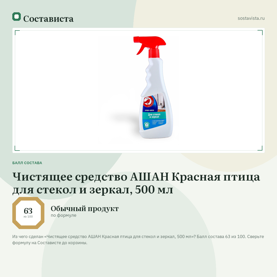 Чистящее средство АШАН Красная птица для стекол и зеркал, 500 мл: балл состава 63 из 100 — Состависта