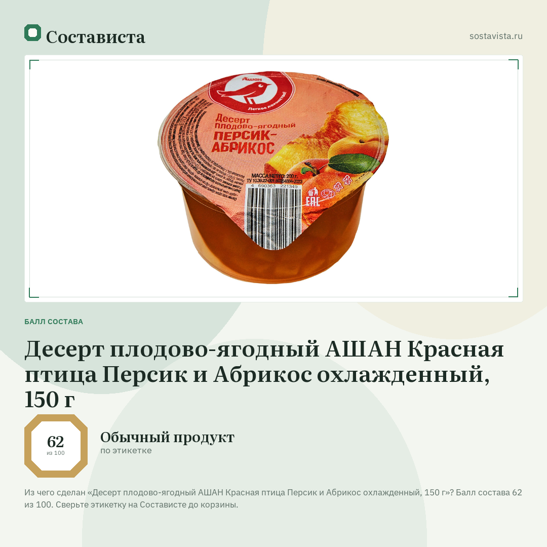 Десерт плодово-ягодный АШАН Красная птица Персик и Абрикос охлажденный, 150 г: балл состава 62 из 100 — Состависта