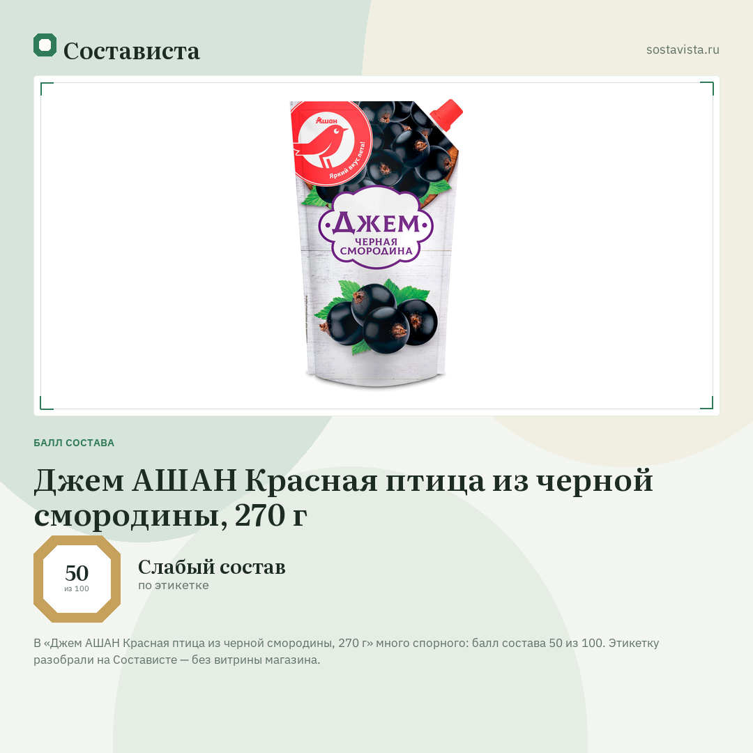 Джем АШАН Красная птица из черной смородины, 270 г: балл состава 50 из 100 — Состависта