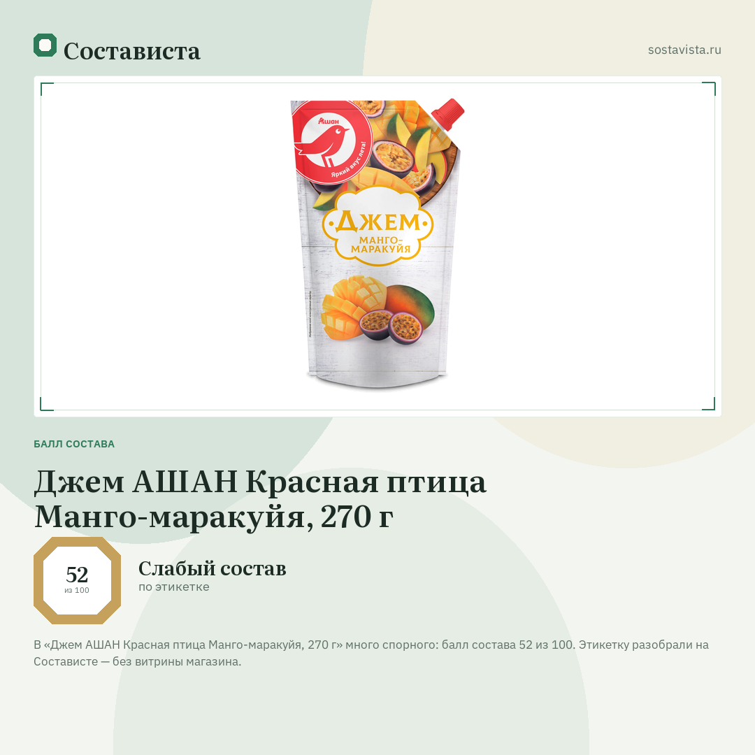 Джем АШАН Красная птица Манго-маракуйя, 270 г: балл состава 52 из 100 — Состависта
