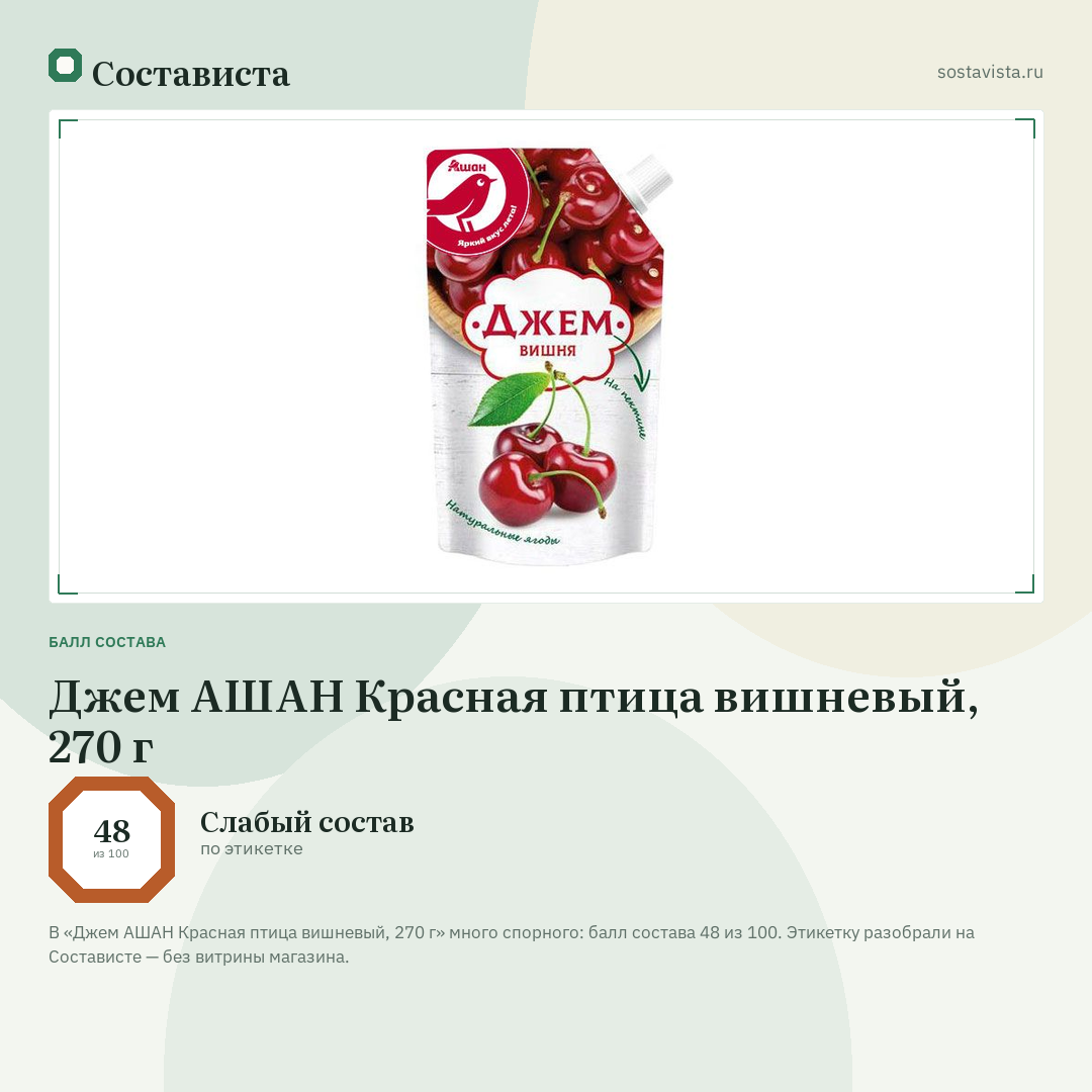 Джем АШАН Красная птица вишневый, 270 г: балл состава 48 из 100 — Состависта