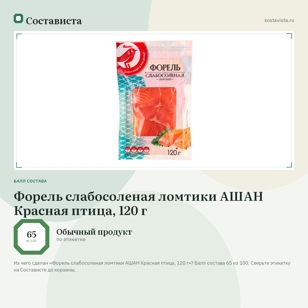 Форель слабосоленая ломтики АШАН Красная птица, 120 г: балл состава 65 из 100 — Состависта