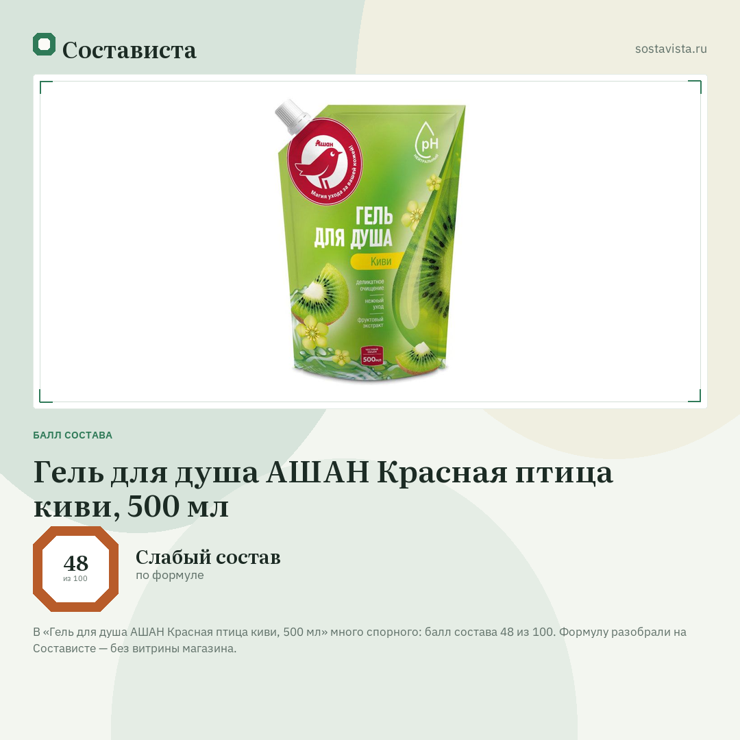 Гель для душа АШАН Красная птица киви, 500 мл: балл состава 48 из 100 — Состависта