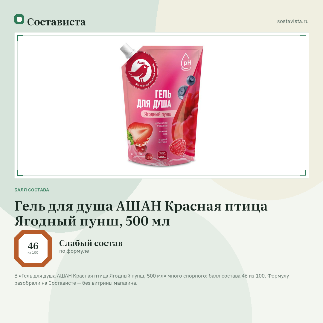 Гель для душа АШАН Красная птица Ягодный пунш, 500 мл: балл состава 46 из 100 — Состависта